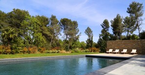 Outdoor pool, pool umbrellas, pool loungers