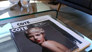 A magazine on a glass table, a sofa with a blanket, and two white vases. - Domaine Rampale (Fuveau)