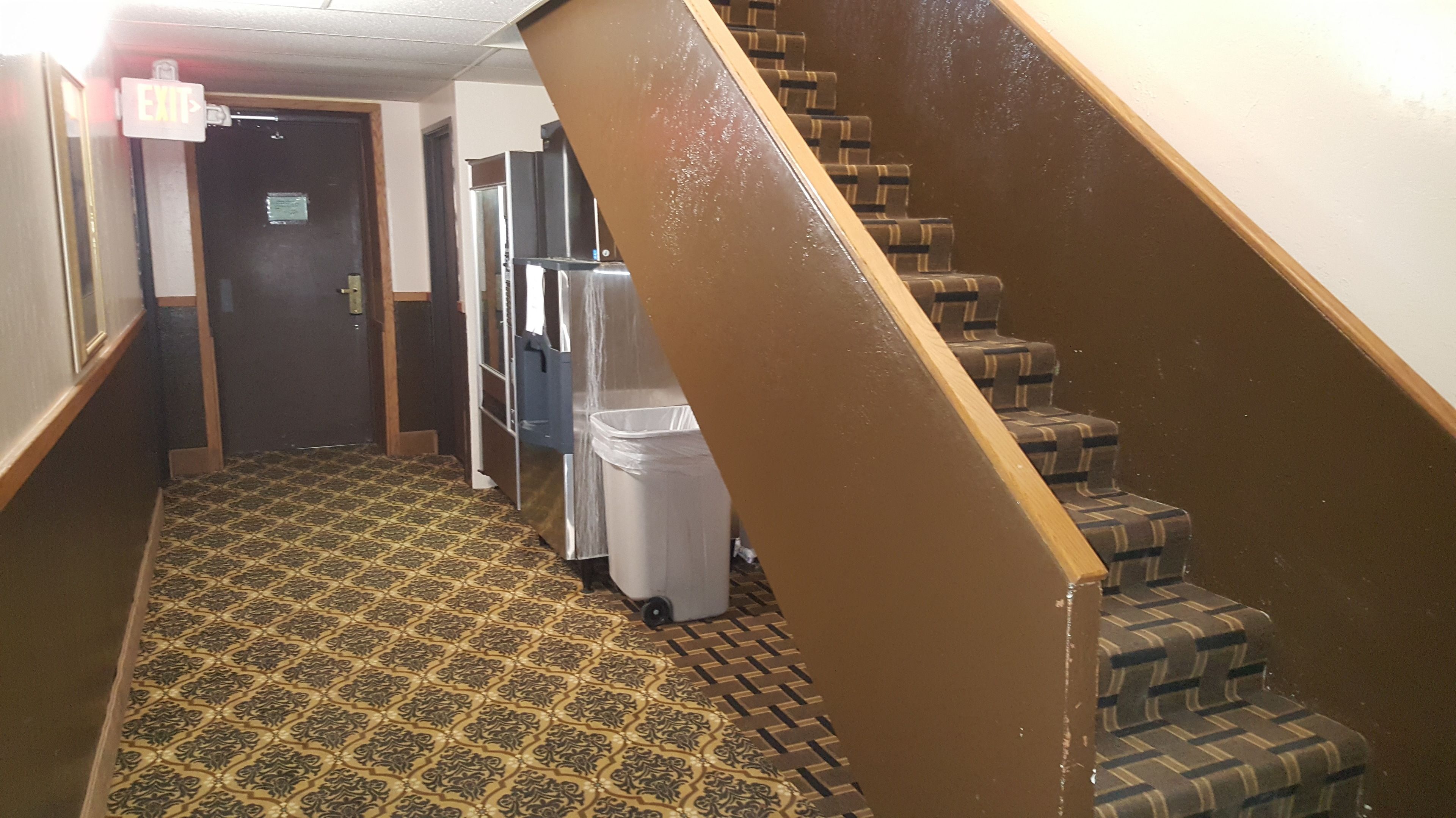 Un pasillo de hotel con alfombra estampada, una escalera con barandilla marrón y un cubo de basura.