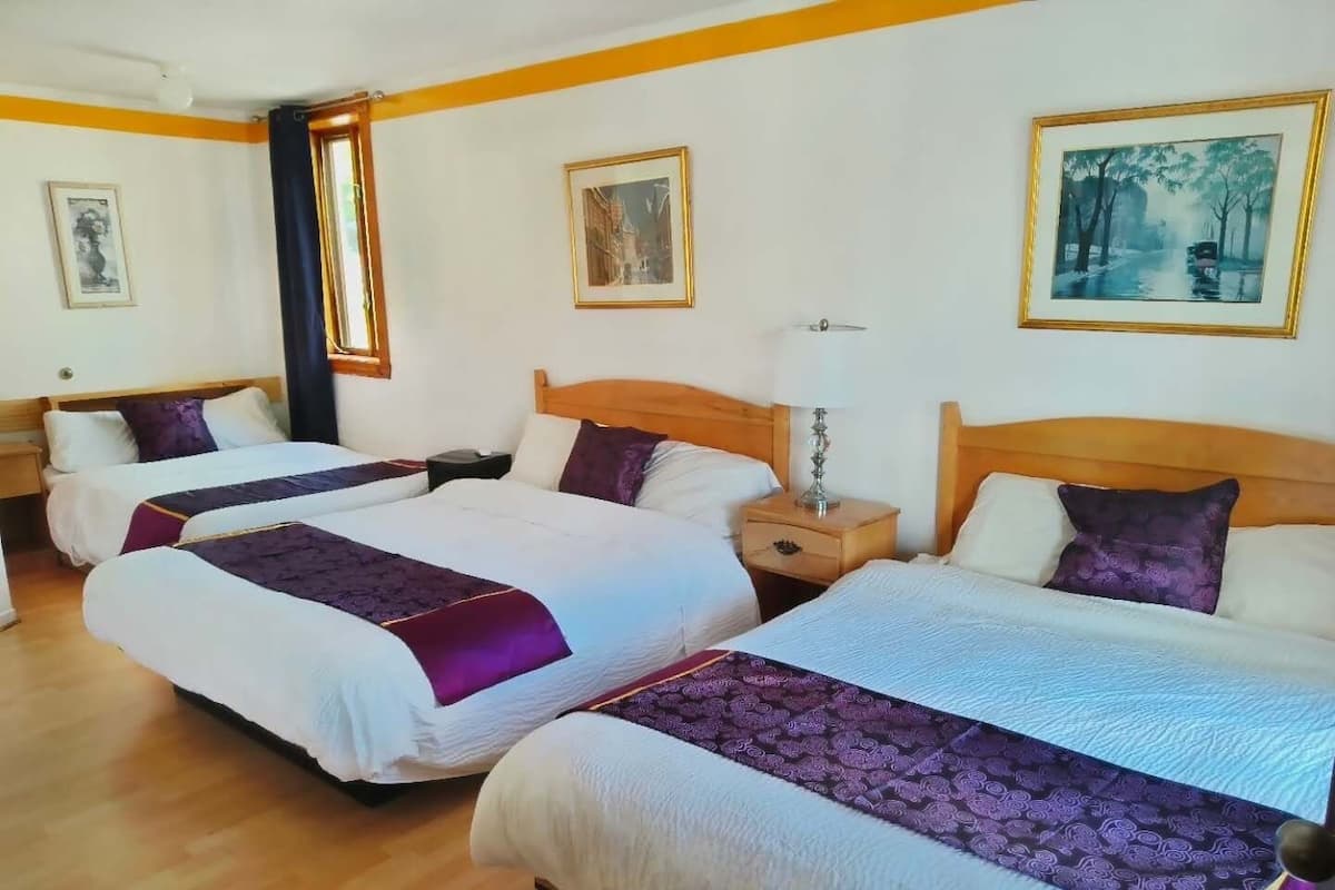 A hotel room with two beds, wooden headboards, and a nightstand with a lamp.