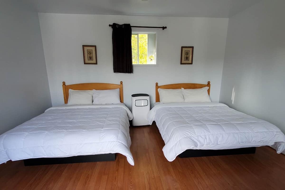 A double room with two beds, a window with curtains, and a bedside table.