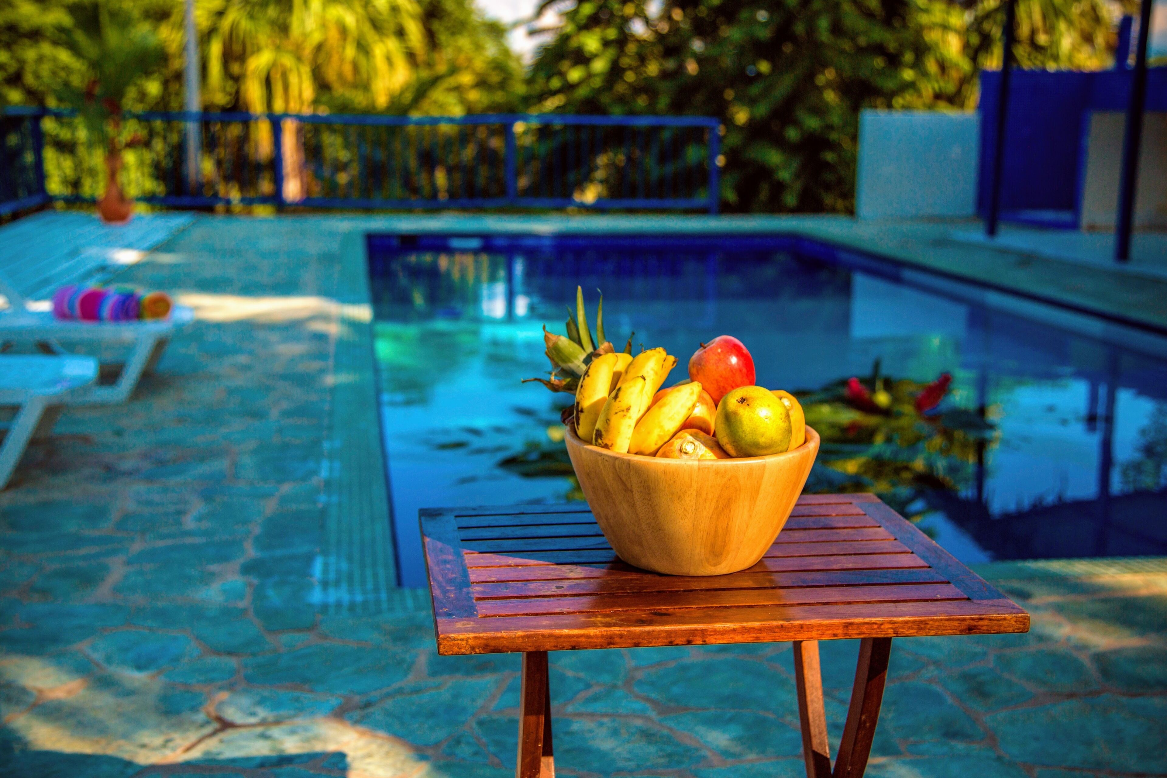 outdoor pool, pool loungers