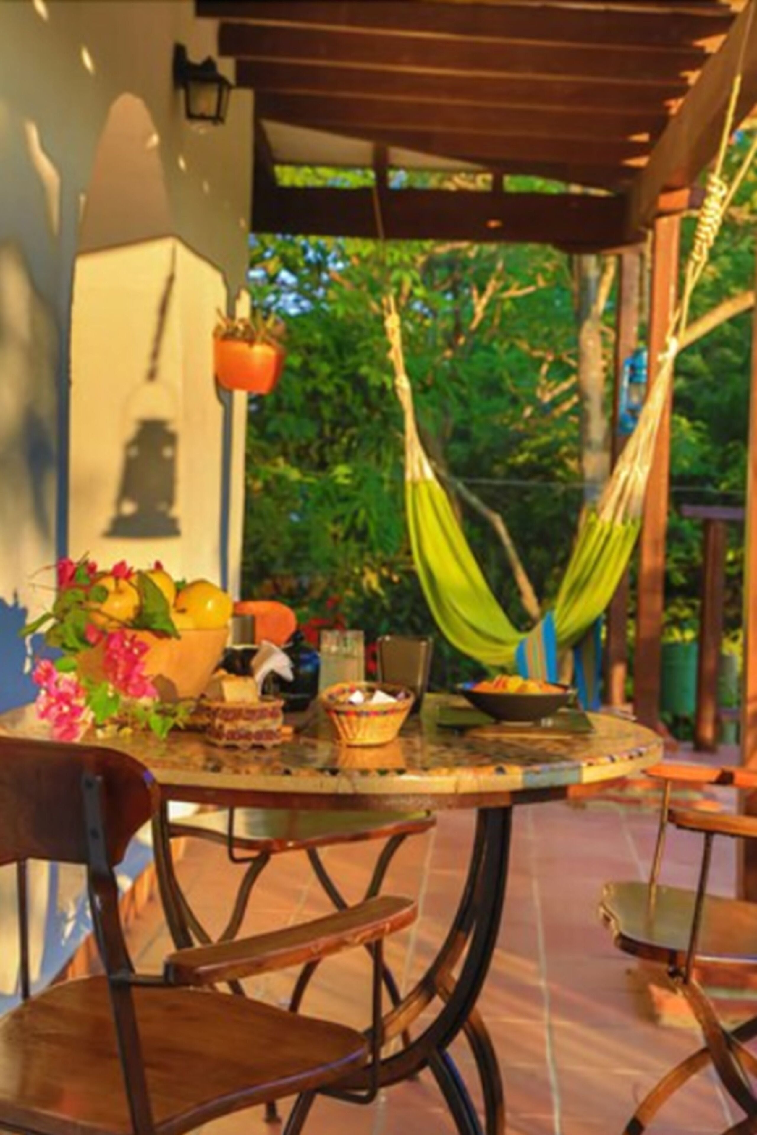 A round table with chairs, a hanging hammock, and a potted plant.