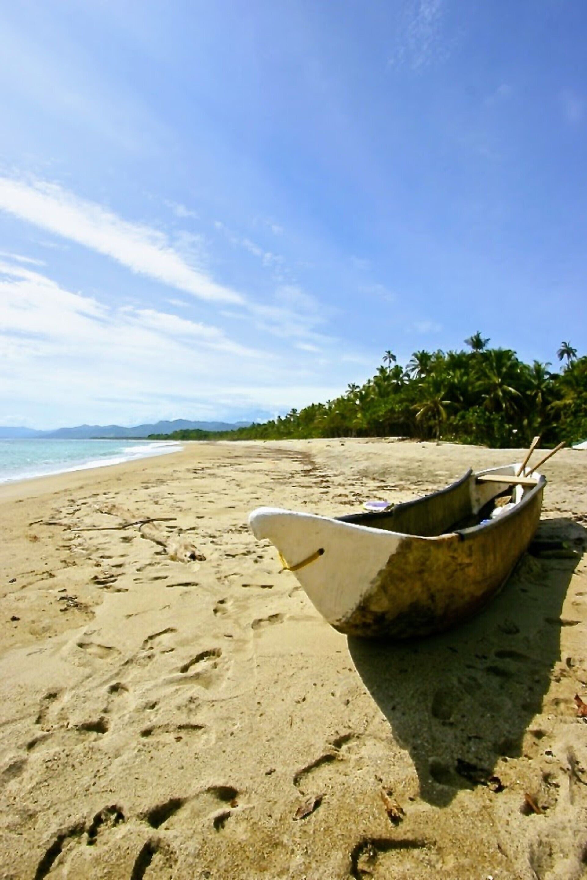 A boat on a sandy beach with footprints leading to it, palm trees, and a clear sky.