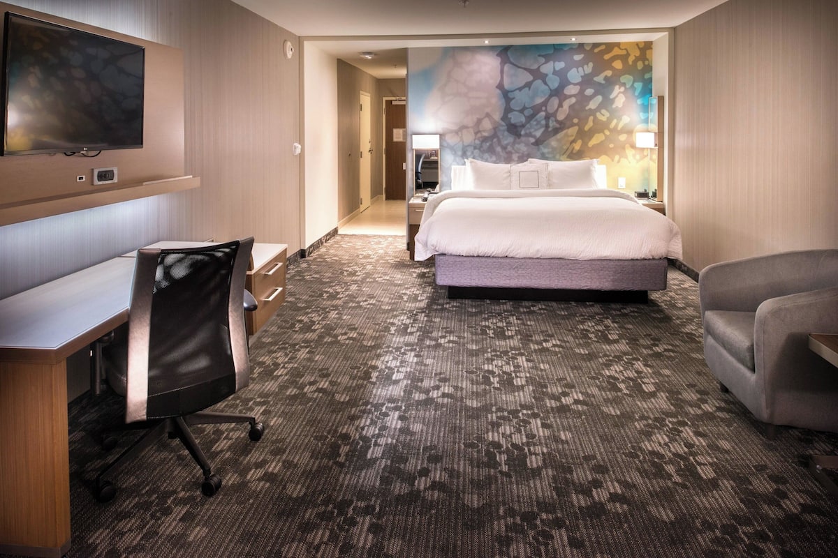 Une chambre d’hôtel avec un lit, un bureau, une chaise, une télévision et un sol recouvert de moquette.