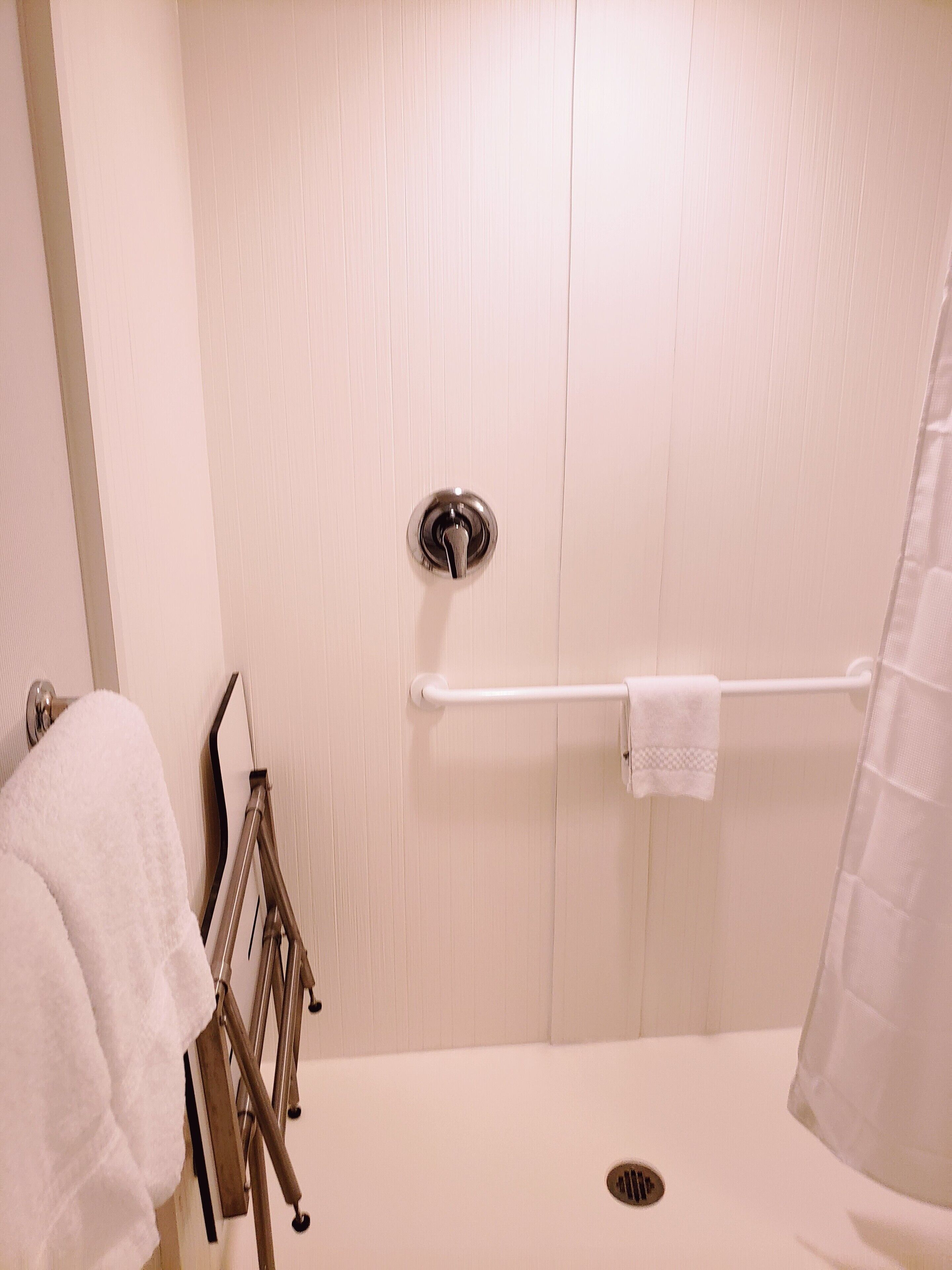 A bathroom with a shower, a towel rack, and a toilet.