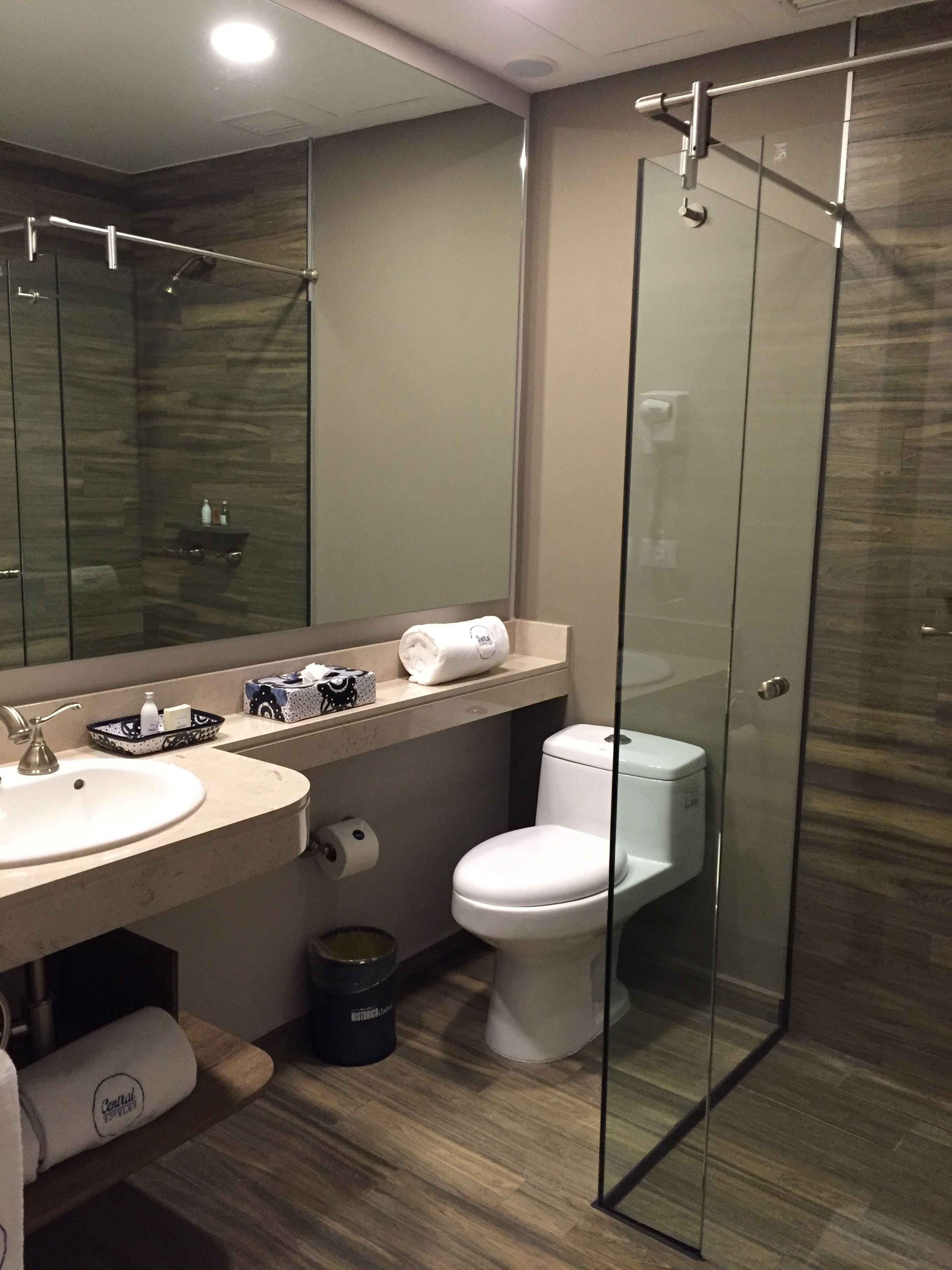 A modern bathroom with a glass-enclosed shower, a sink with a towel rack, and a toilet.