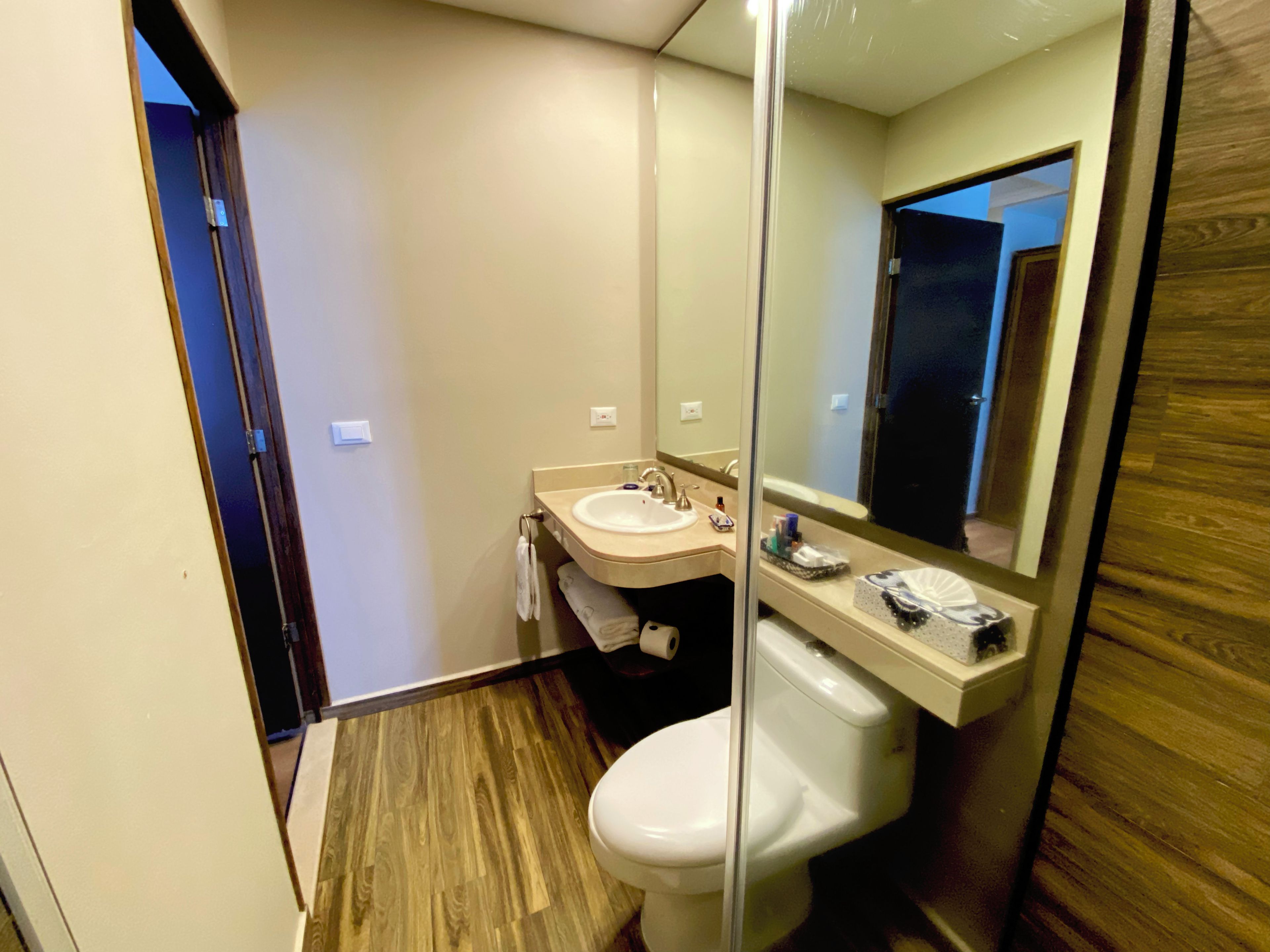A modern bathroom with a wooden floor, a white toilet, a sink with a mirror, and a towel rack.