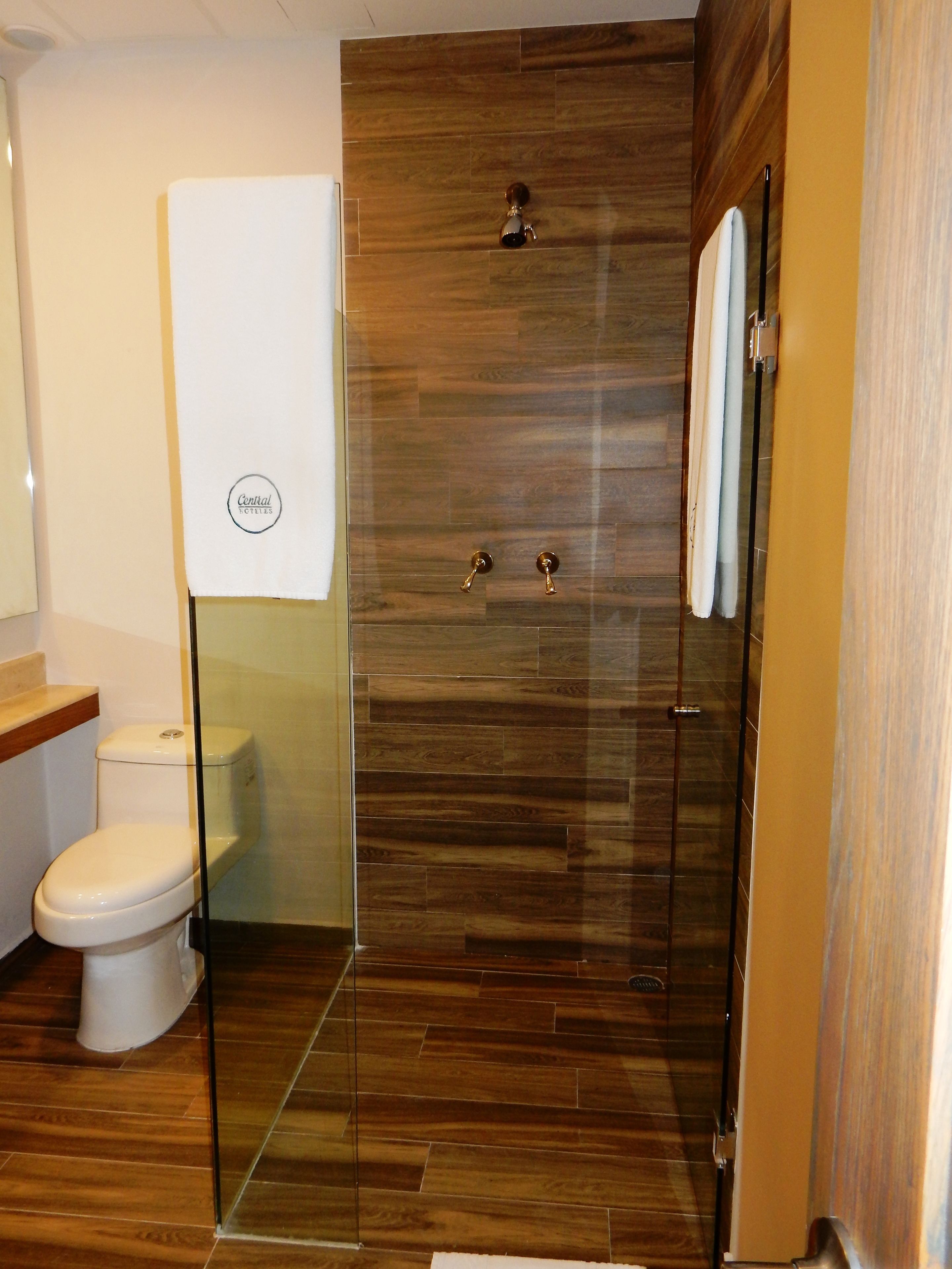 A modern bathroom with a glass-enclosed shower, a toilet, and a sink.