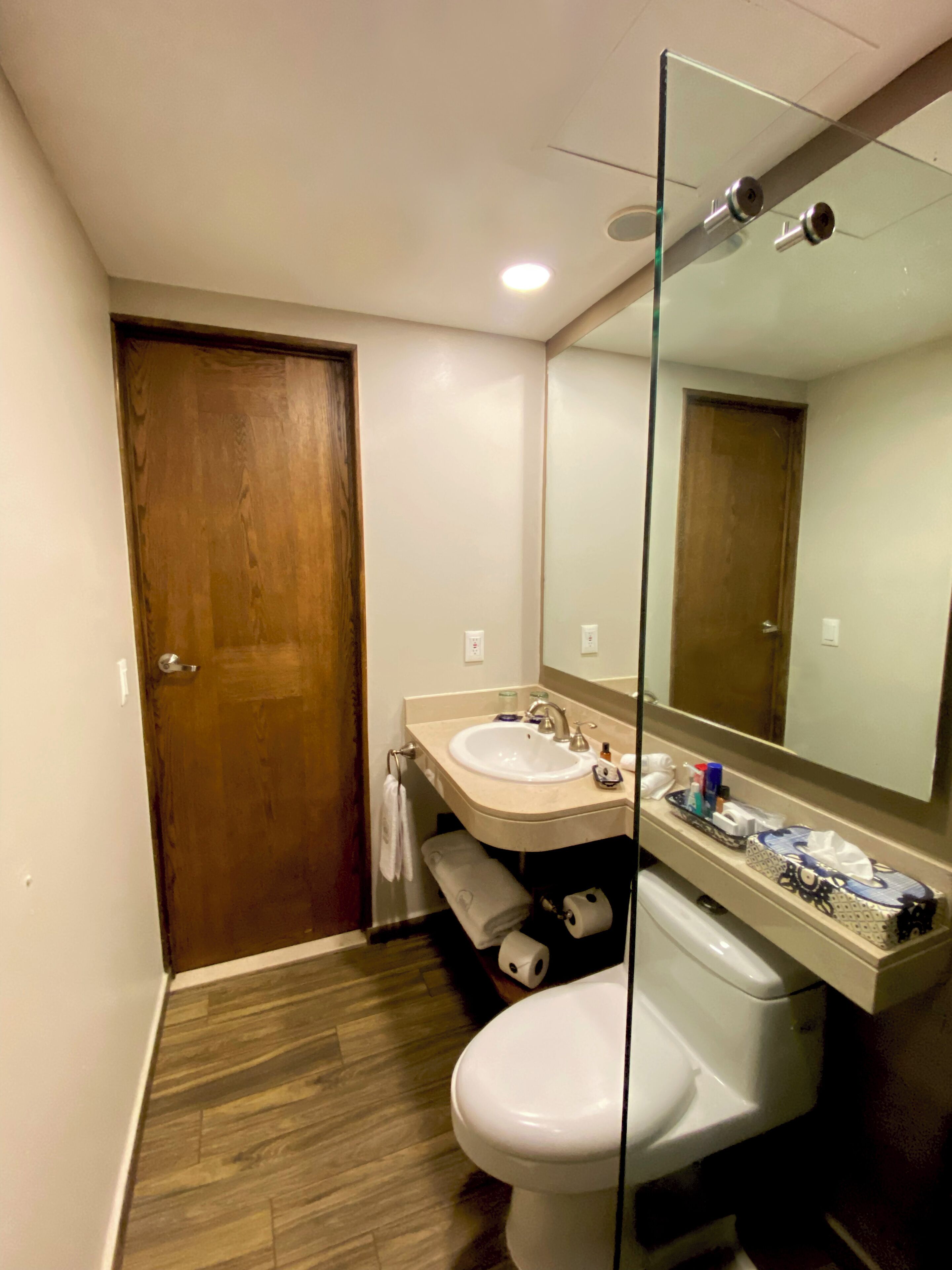 A bathroom with a wooden door, a white sink, a mirror, and a toilet.