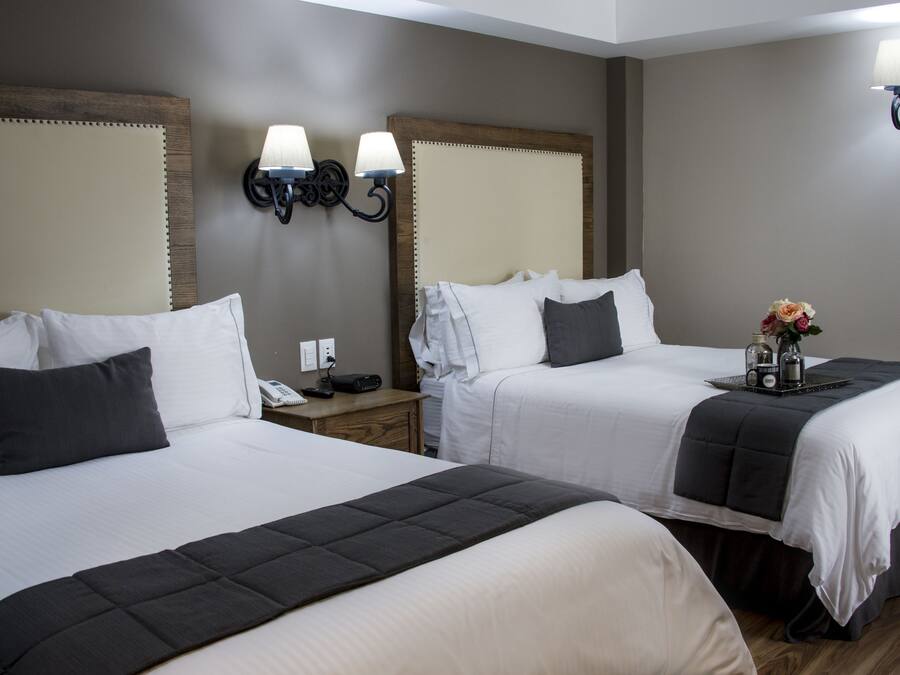 Habitación de hotel con dos camas, mesitas de noche, lámparas y una pequeña mesa con un florero.