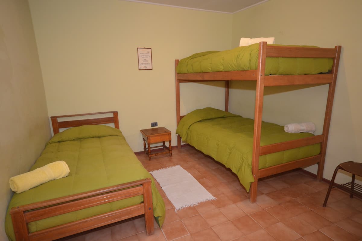 A room with two bunk beds, a small wooden nightstand, and a white rug.