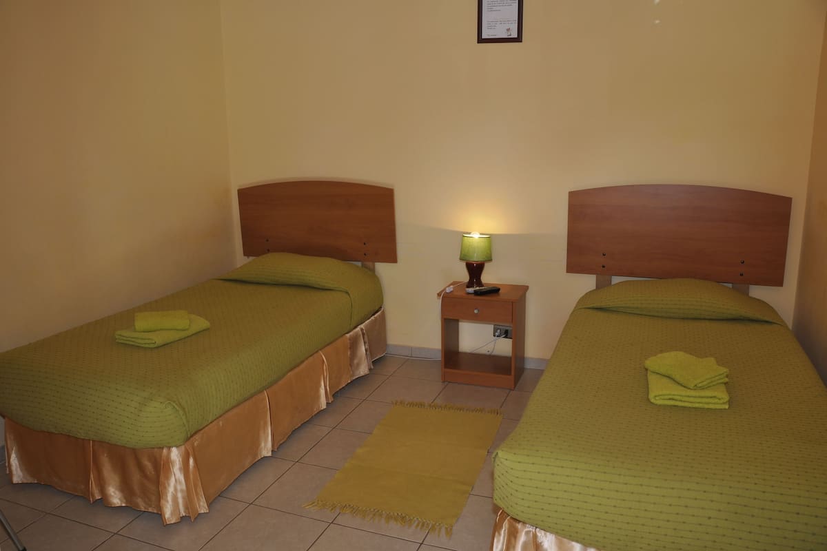 A room with two single beds, each with a wooden headboard and green bedding. There is a small bedside table with a lamp between the beds.