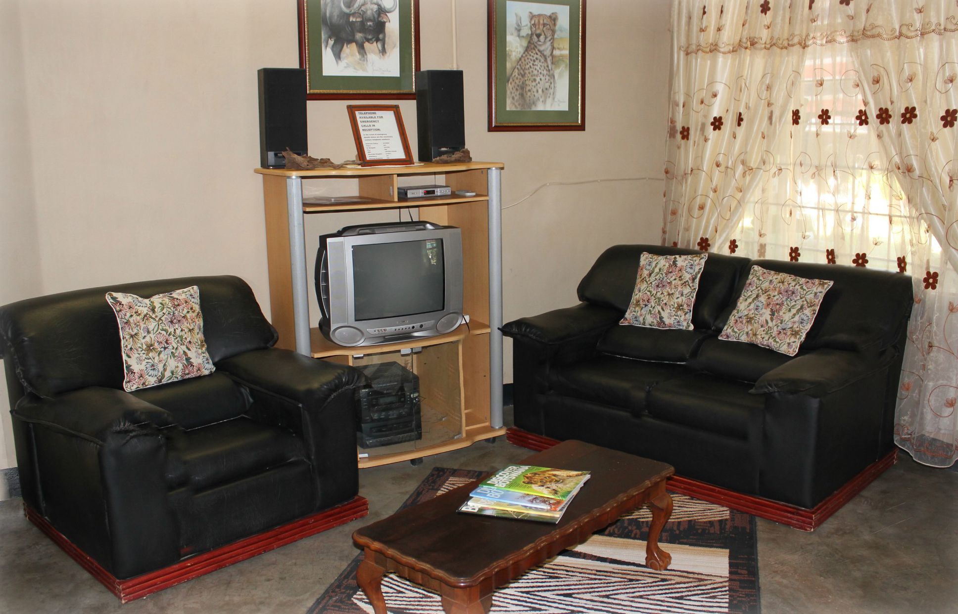 Una sala de estar con dos sofás de cuero negro, una mesa de centro de madera, un televisor sobre un mueble bajo y una alfombra estampada.