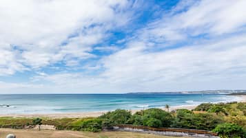 A coastal landscape with a beach, ocean, and a clear sky.