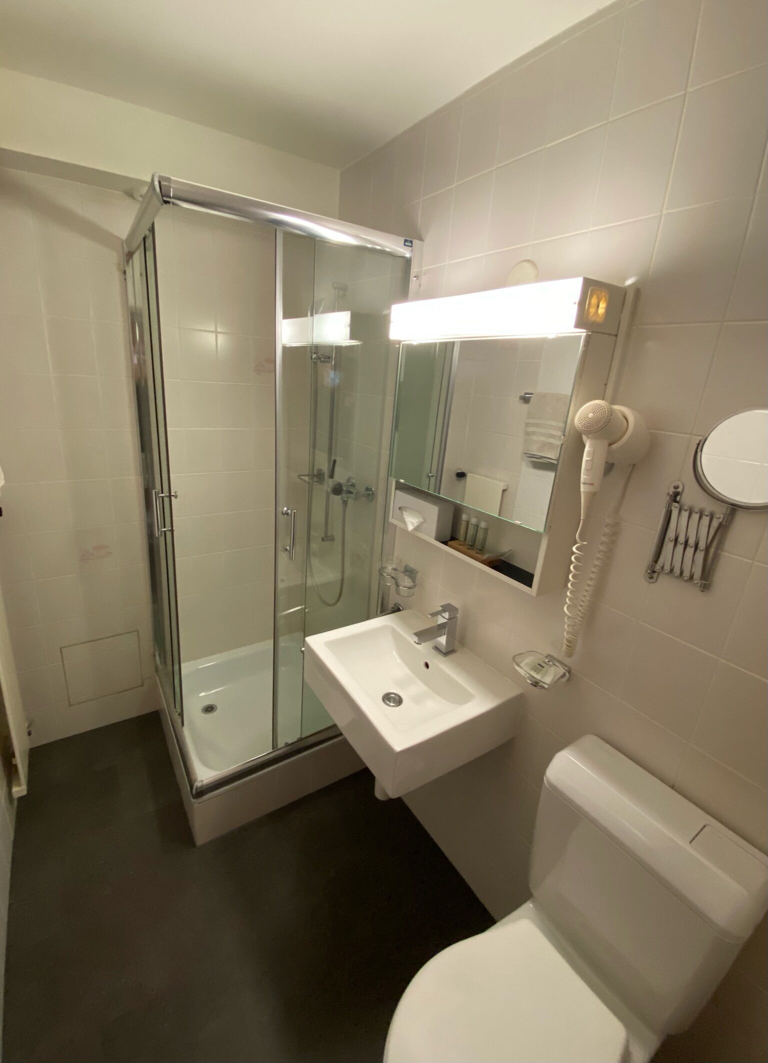 Ein modernes Badezimmer mit einer Duschkabine, einem weißen Waschbecken und einer Toilette.