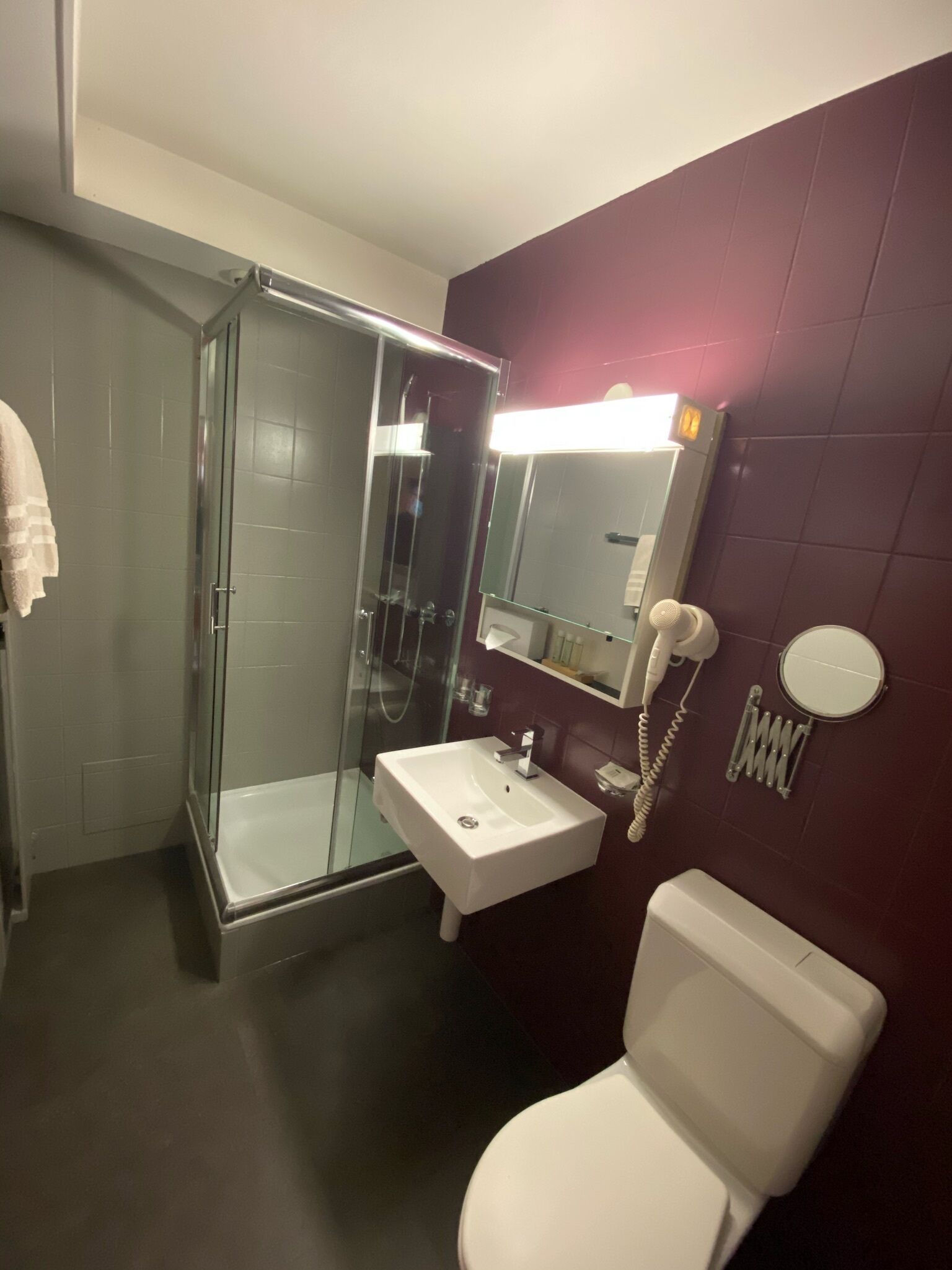 Ein Badezimmer mit Duschkabine, Waschbecken in Weiß, Toilette und Spiegel inklusive Telefon.