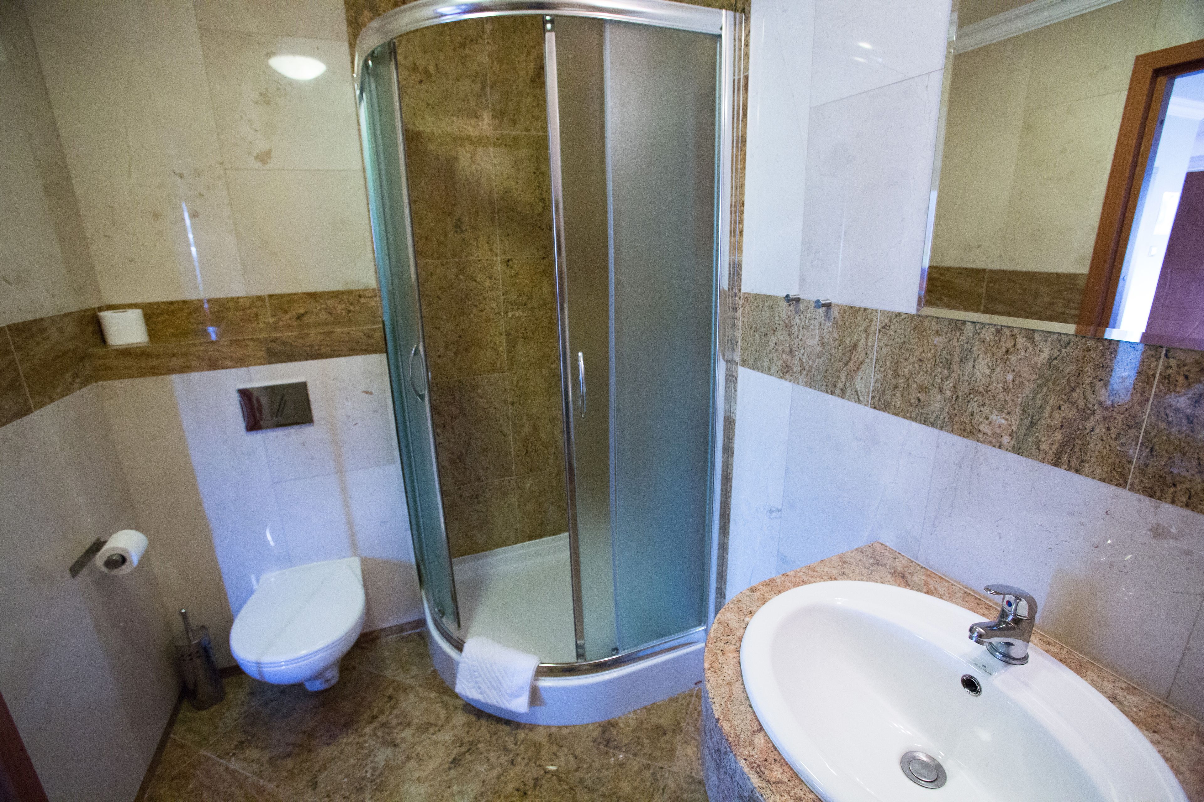 bathroom | shower, hair dryer, towels