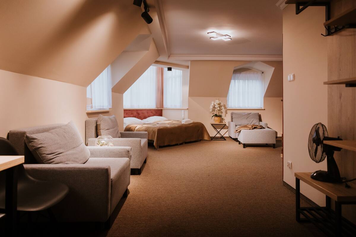 A cozy, well-lit room with a sofa, a bed, and a small table.