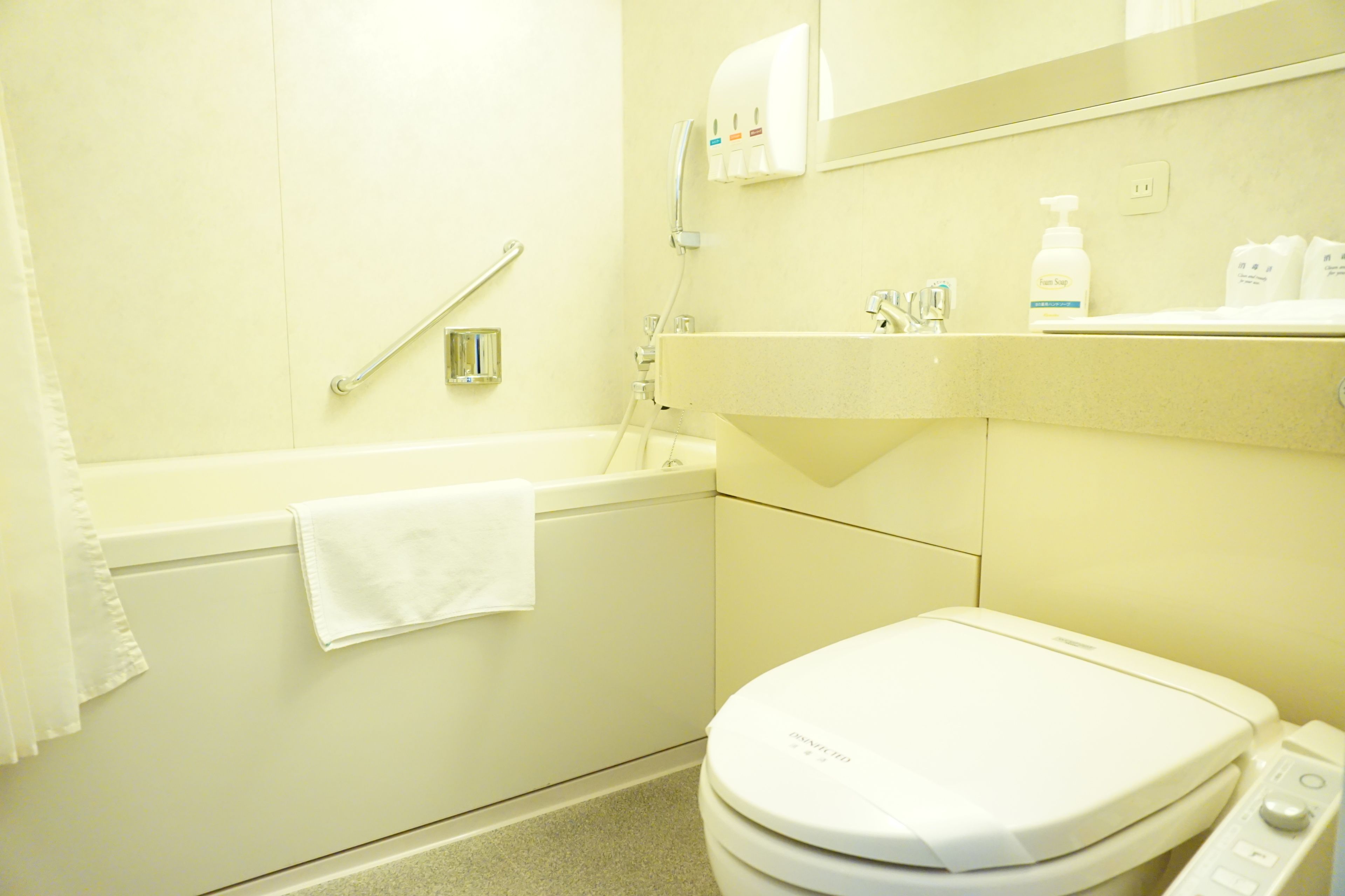 combined shower/bathtub, free toiletries, hair dryer, slippers
