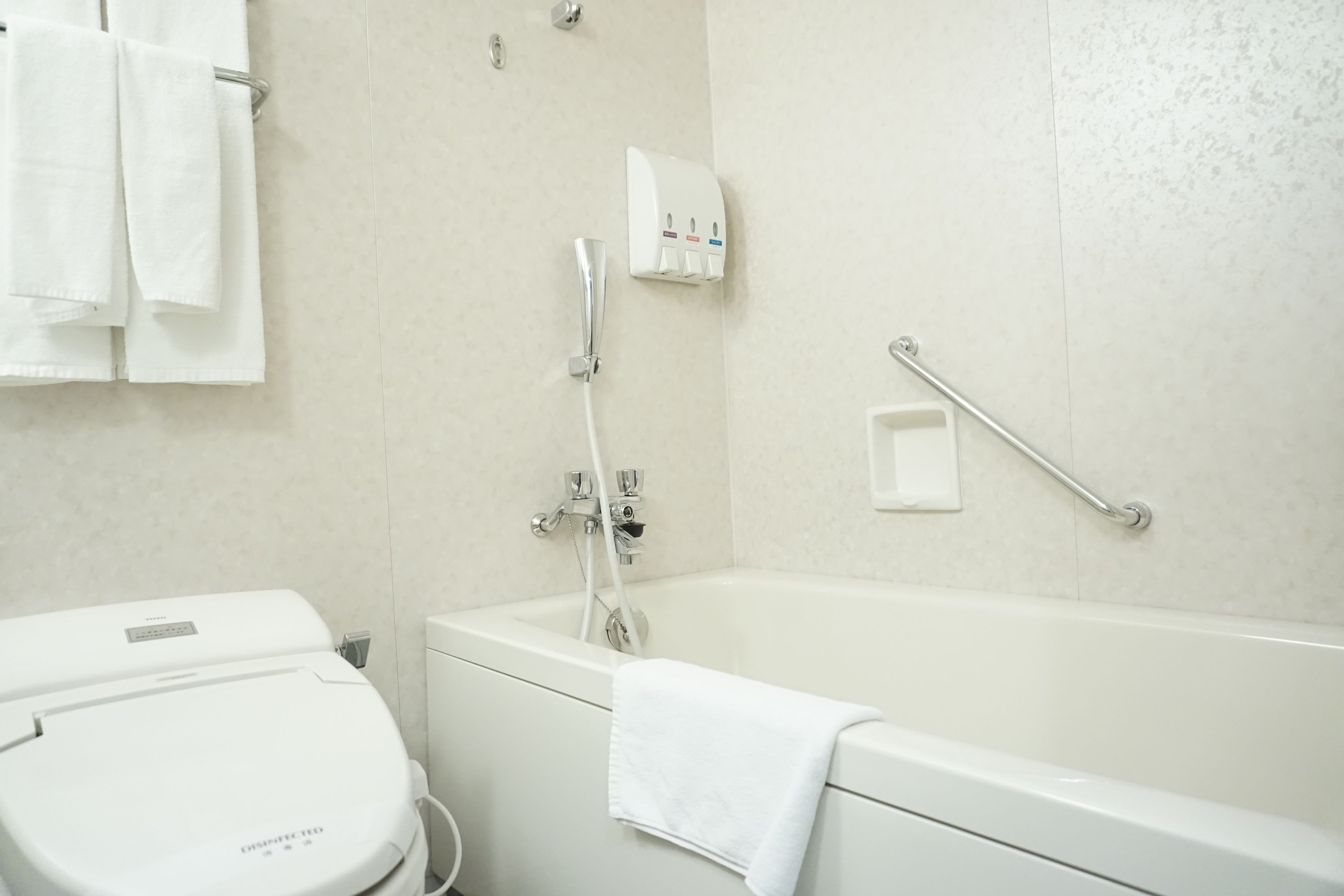 combined shower/bathtub, free toiletries, hair dryer, slippers