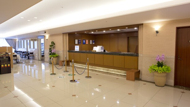 Zona de recepción de hotel con mostrador, plantas en macetas y suelo de baldosas limpias.
