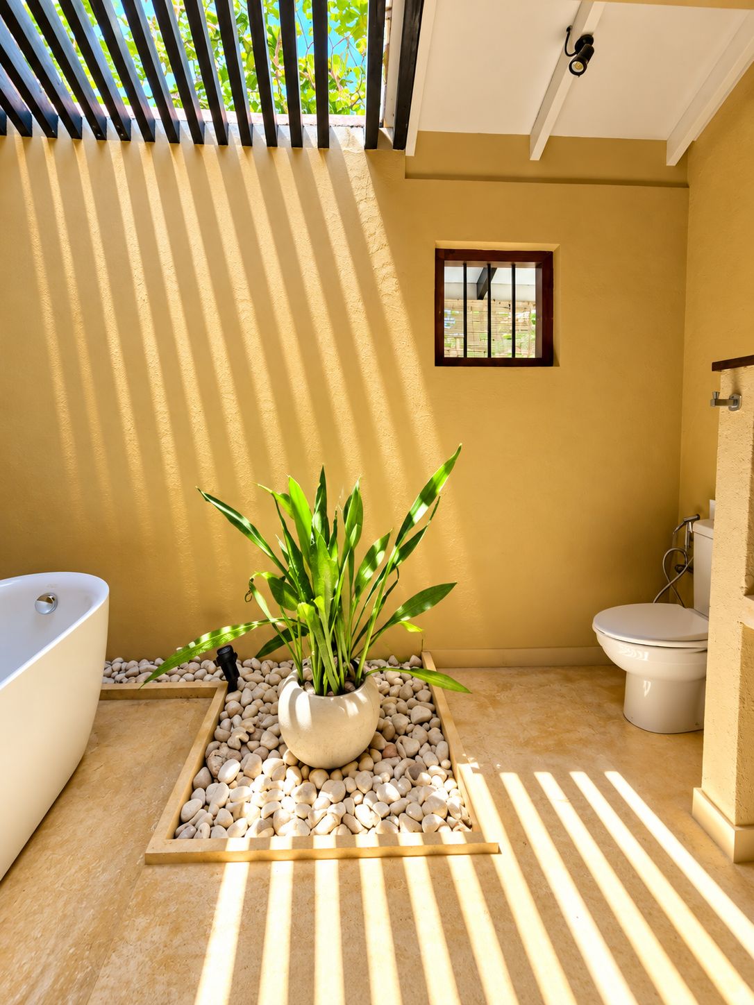 Un baño con bañera, inodoro y una planta en maceta.