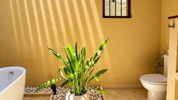 Un baño con bañera, inodoro y una planta en maceta.
