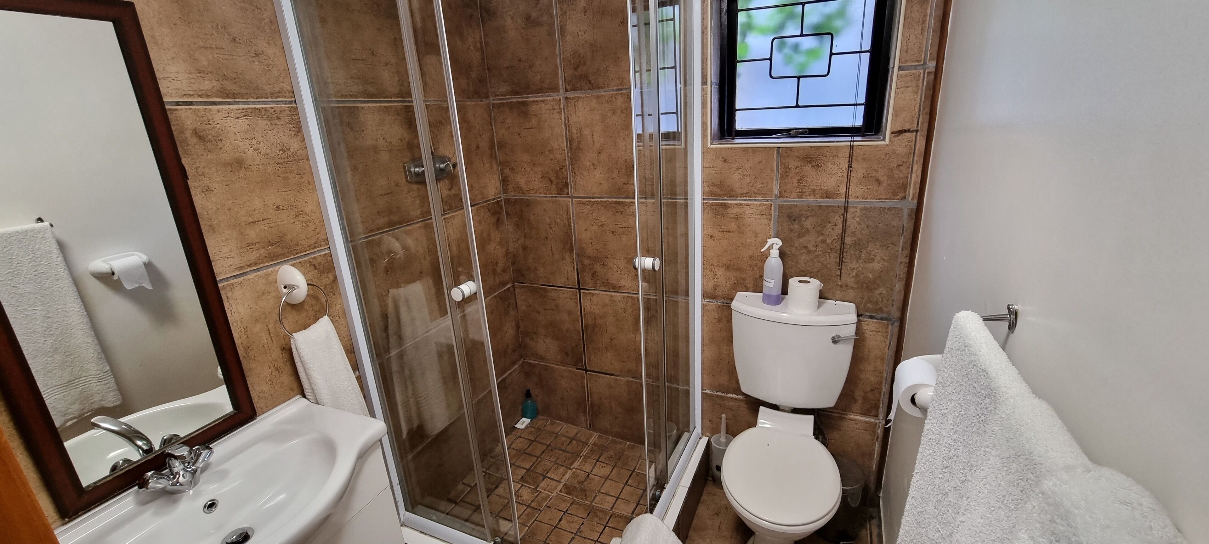 A bathroom with a glass-enclosed shower, a sink, a toilet, and a window with a view.