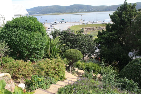 A landscaped garden with a view of a lake and a road with vehicles. - Lagoon Lodge (Knysna)