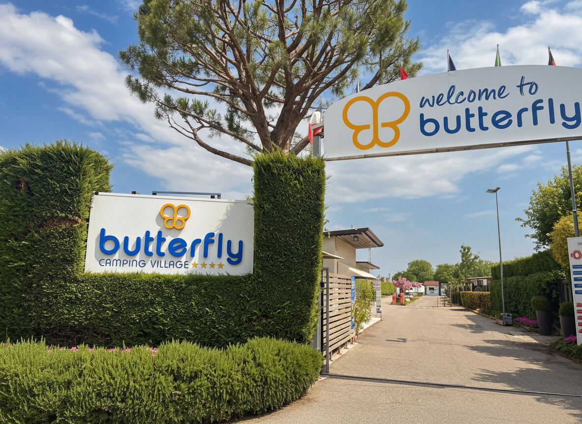 A sign for Butterfly Camping Village with a welcoming message.