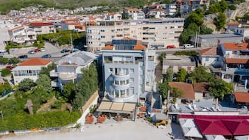 On the beach, sun loungers, beach umbrellas, beach towels