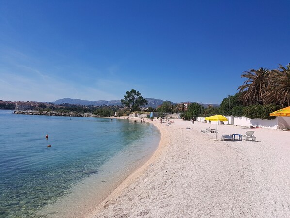 On the beach, sun loungers, beach umbrellas, beach towels