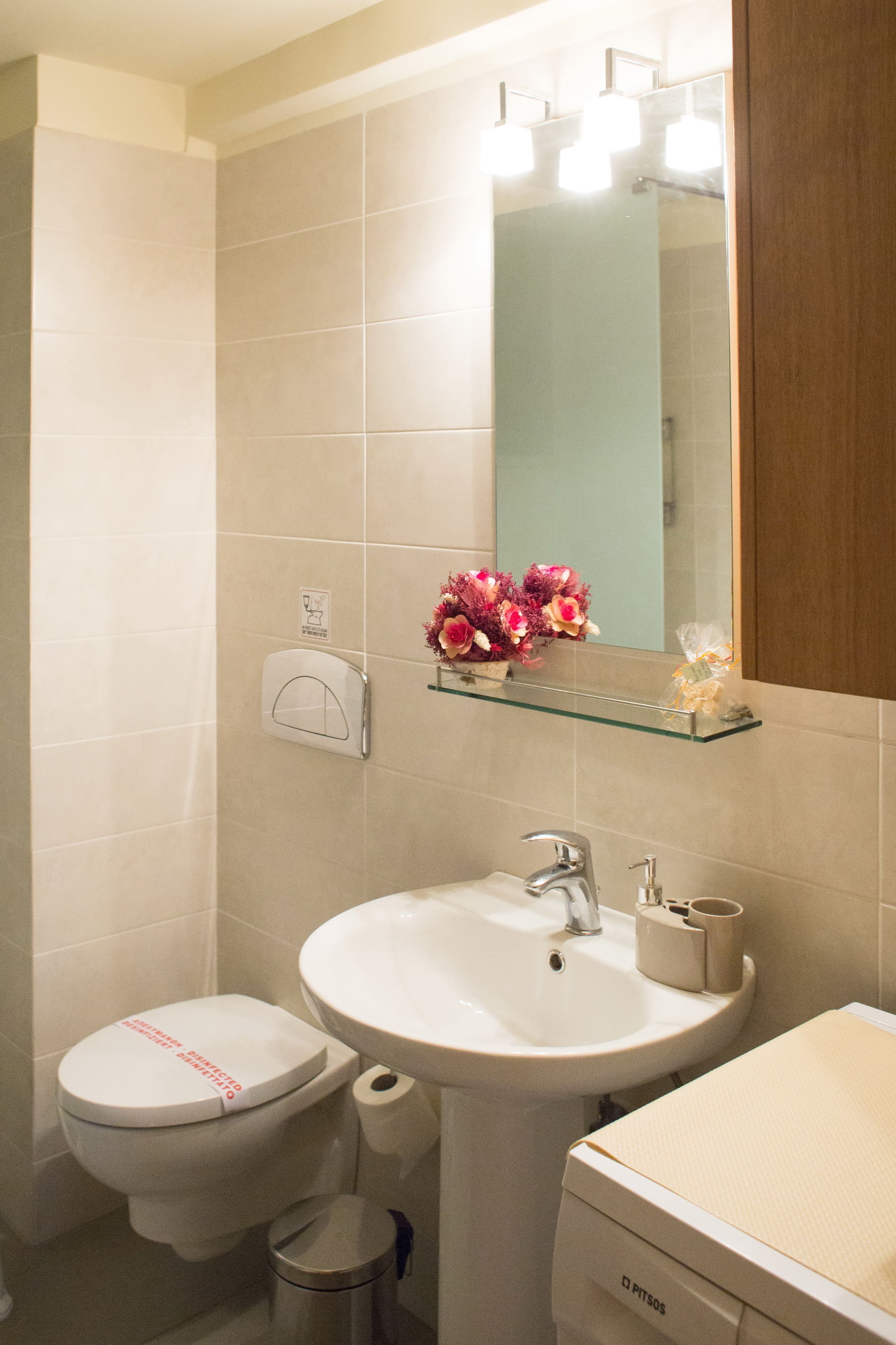 A bathroom with a toilet, sink, and mirror.