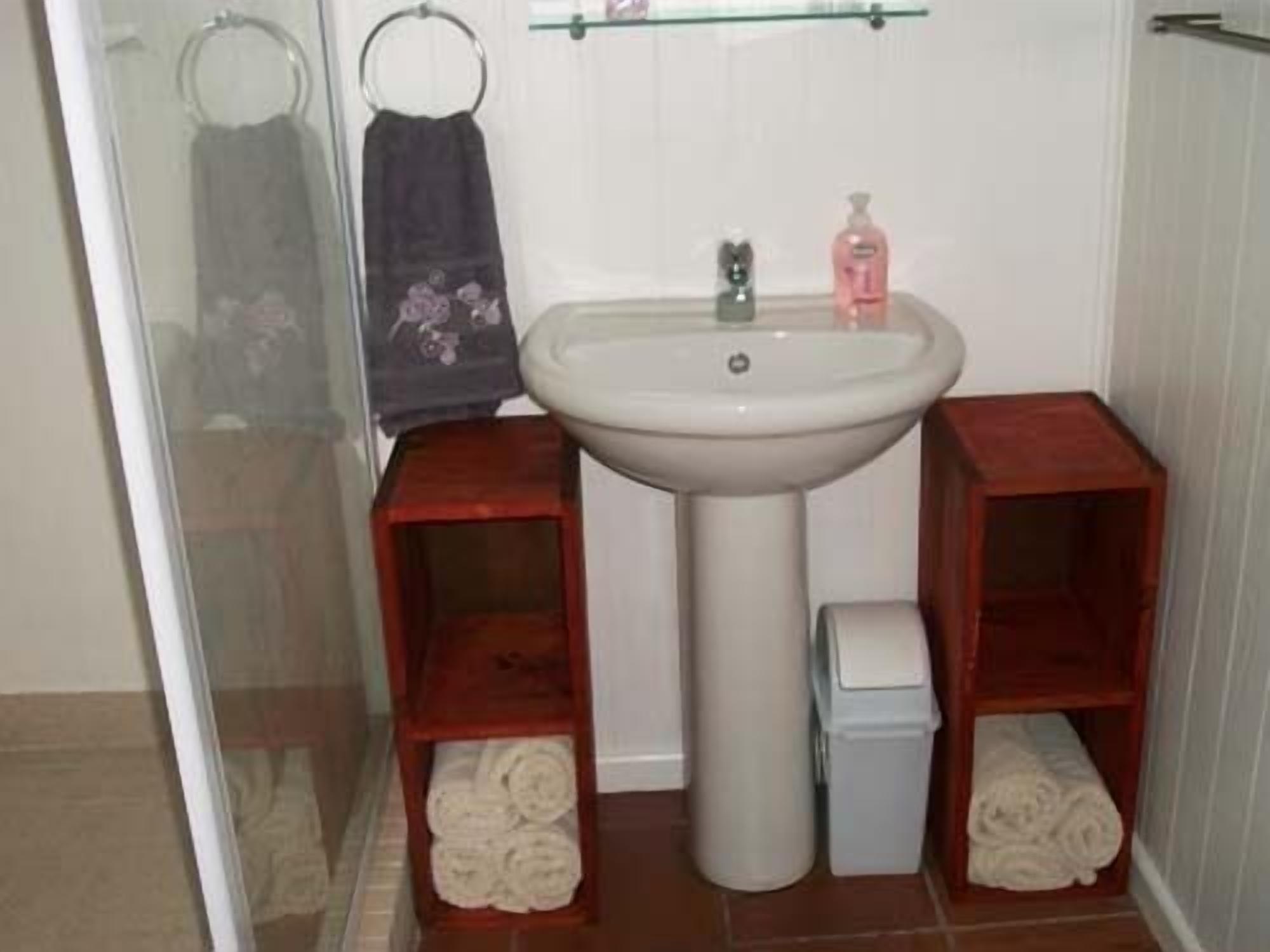 A bathroom with a sink, two shelves with towels, a glass shower door, and a toilet.