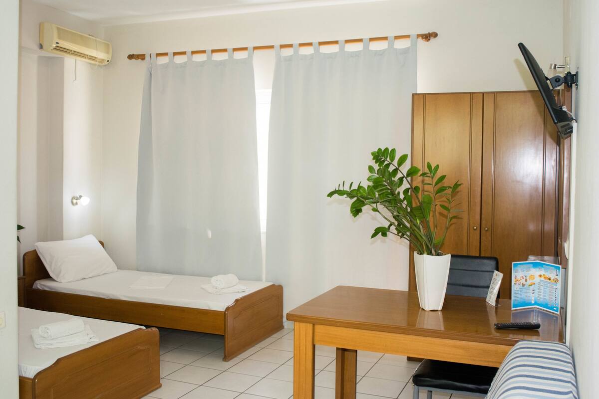 A small, clean room with a single bed, a wooden table, a potted plant, a desk with a chair, and a wardrobe.