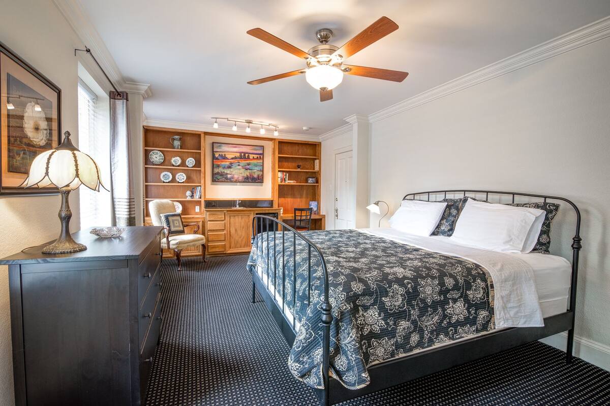 Une chambre à coucher comprenant un lit, un bureau, une chaise, une bibliothèque et un ventilateur de plafond.