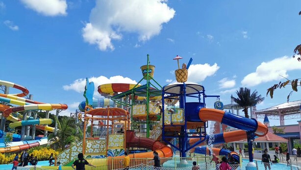 A water park with various slides and water features.