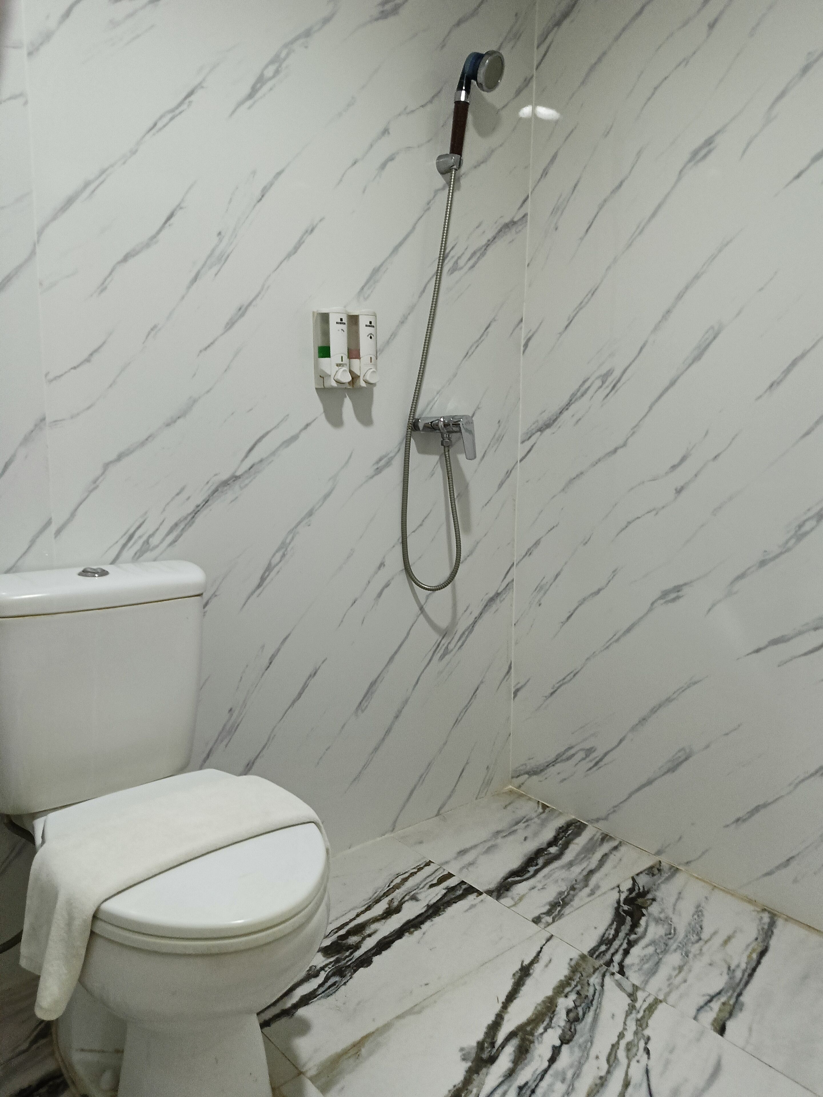 A bathroom with a toilet, a shower, and marble walls.