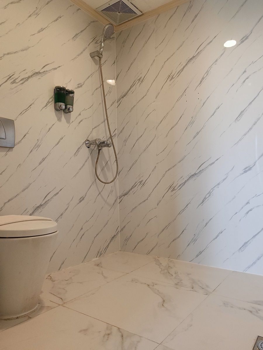 Un baño con pared de mármol, inodoro y ducha con cabezal de ducha manual.