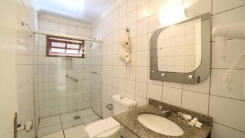 Shower, rainfall showerhead, hair dryer, towels