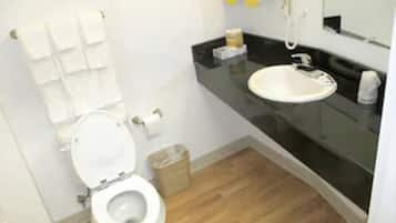 Combined shower/tub, free toiletries, hair dryer, towels