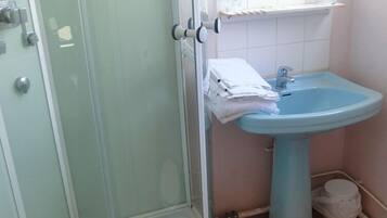 Une salle de bain avec une douche à parois de verre, un lavabo sur colonne et des toilettes.