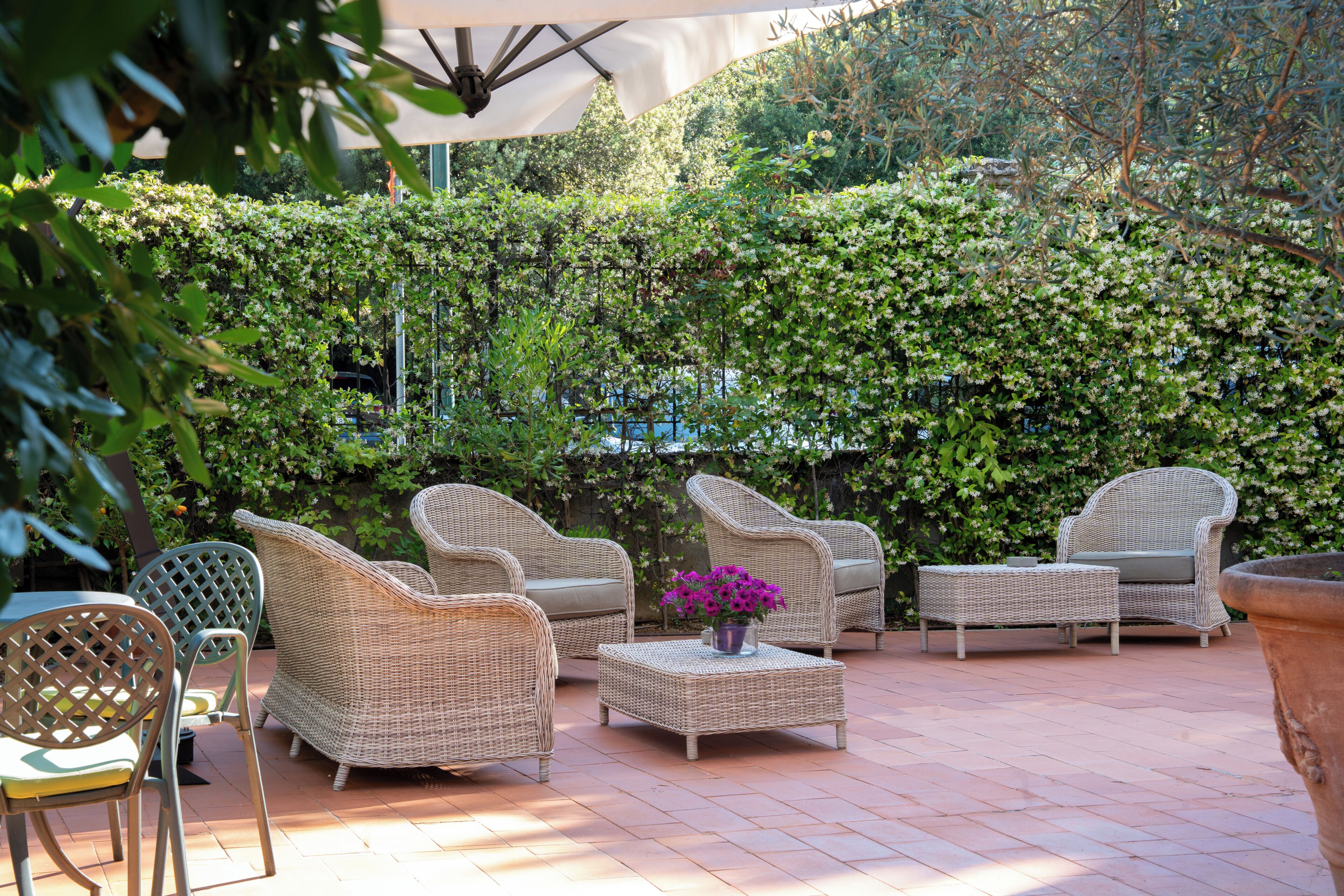 An outdoor patio with wicker furniture, a table, and a potted plant.