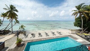 Une vue sur la piscine, avec une vue dégagée sur l’océan, des chaises longues et des palmiers.