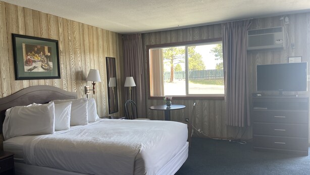 Een hotelkamer met een groot bed, een bureau, een stoel, een televisie en een raam met gordijnen.