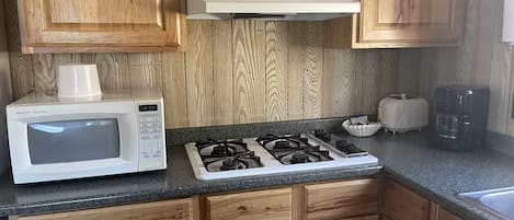 Chambre Prestige, 2 grands lits, cuisinette | Cuisine privée | Réfrigérateur, four à micro-ondes