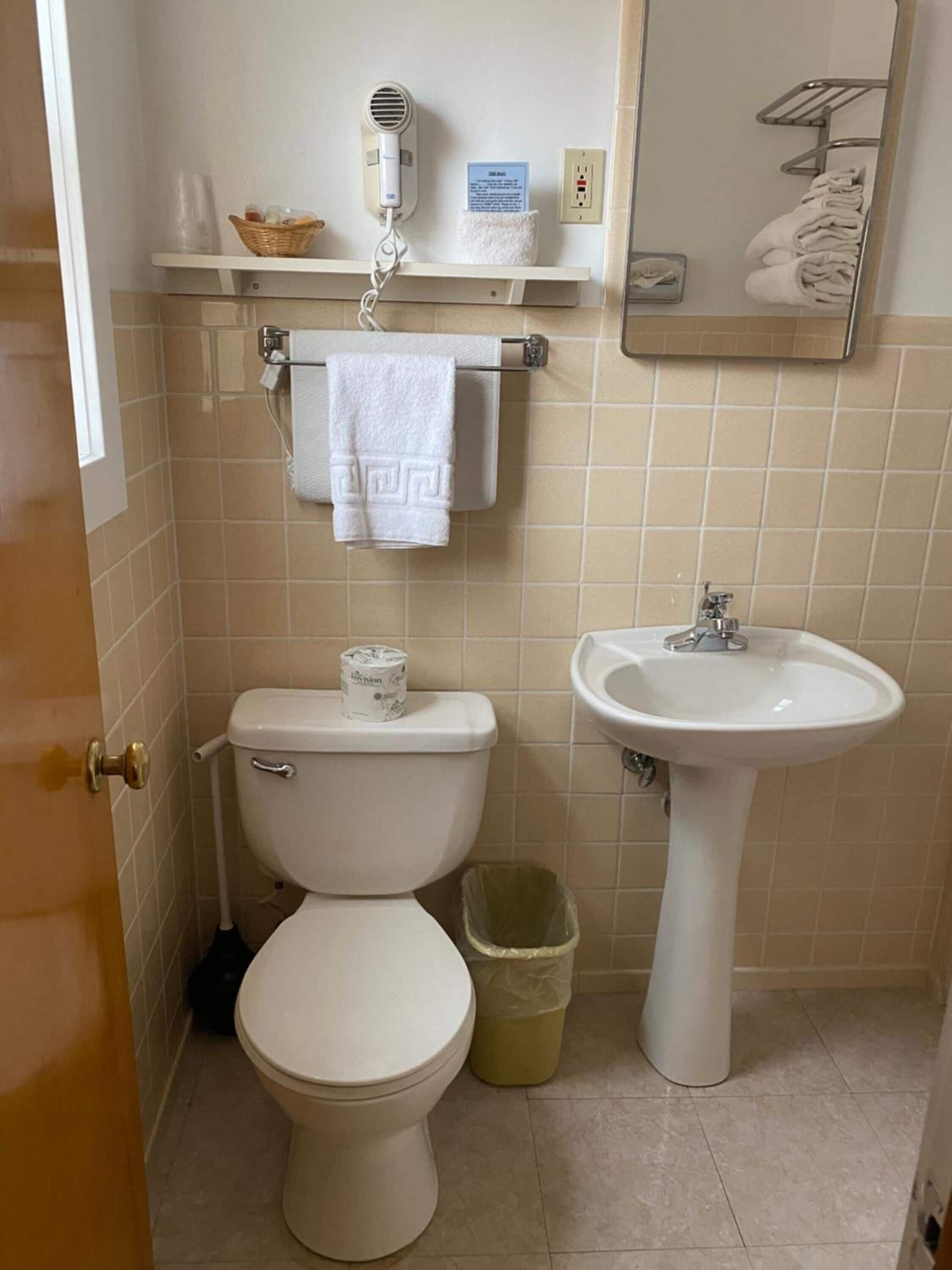 Een badkamer met toilet, wastafel, haardroger en prullenbak.