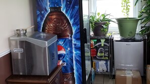 A kitchen with a refrigerator, a microwave, a sink, and a window with plants.