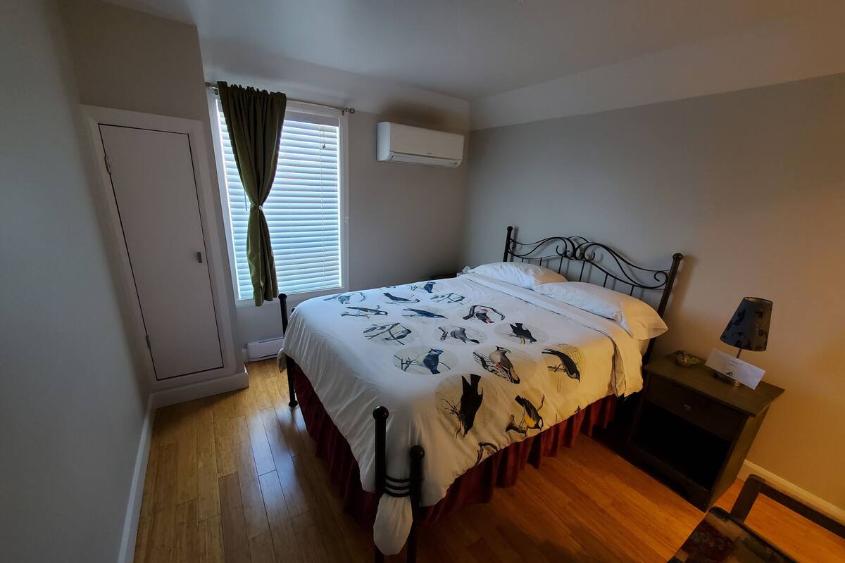 Un dormitorio con cama, mesita de noche, lámpara, ventana con cortinas, aire acondicionado y armario.